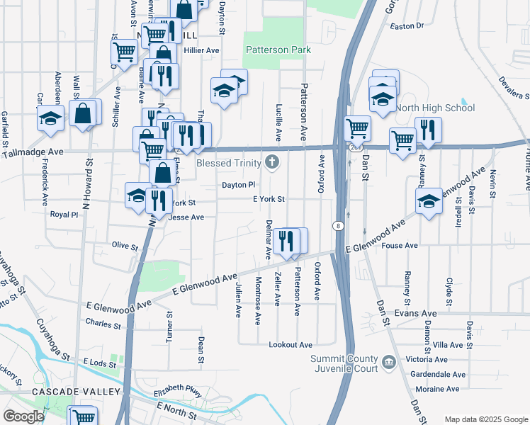 map of restaurants, bars, coffee shops, grocery stores, and more near 315 East York Street in Akron