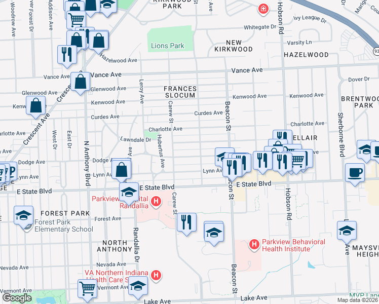 map of restaurants, bars, coffee shops, grocery stores, and more near 2501 Clara Avenue in Fort Wayne