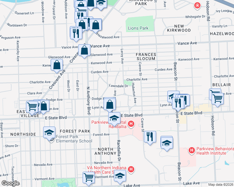 map of restaurants, bars, coffee shops, grocery stores, and more near 2108 Lawndale Drive in Fort Wayne