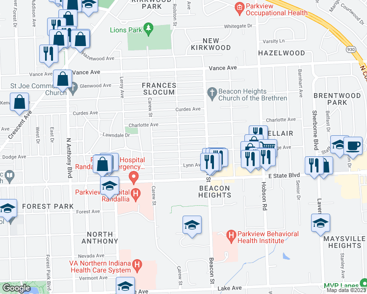 map of restaurants, bars, coffee shops, grocery stores, and more near 2609 Dodge Avenue in Fort Wayne