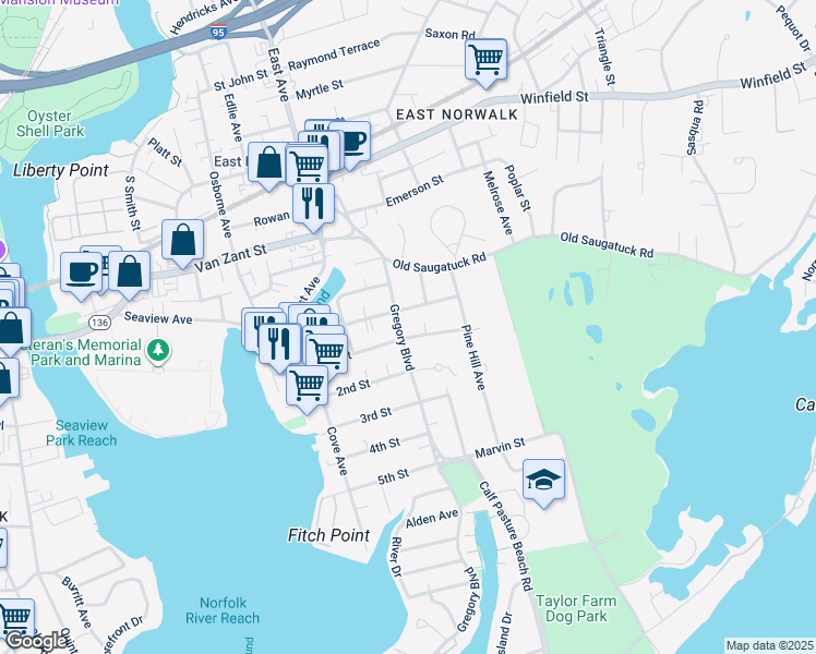 map of restaurants, bars, coffee shops, grocery stores, and more near 39 Gregory Boulevard in Norwalk