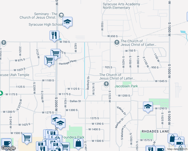 map of restaurants, bars, coffee shops, grocery stores, and more near 1689 West 1000 South in Syracuse