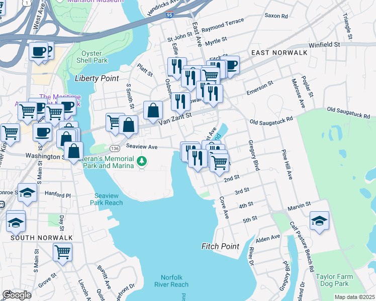 map of restaurants, bars, coffee shops, grocery stores, and more near 4 Reynolds Street in Norwalk