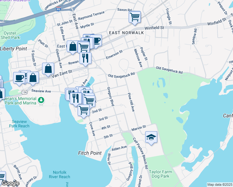 map of restaurants, bars, coffee shops, grocery stores, and more near 16 Lorena Street in Norwalk