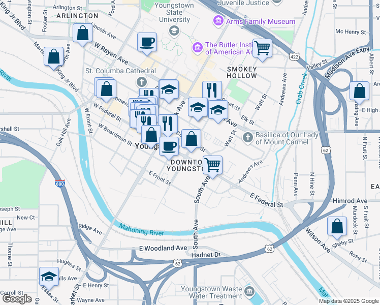 map of restaurants, bars, coffee shops, grocery stores, and more near 201 Federal Plaza East in Youngstown