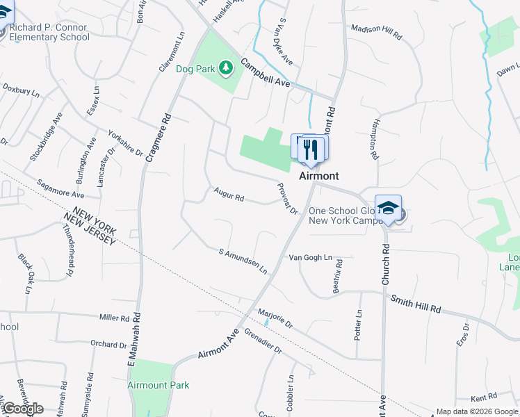 map of restaurants, bars, coffee shops, grocery stores, and more near 22 Augur Road in Airmont