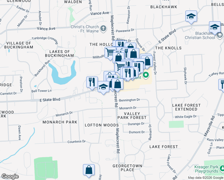 map of restaurants, bars, coffee shops, grocery stores, and more near 2439-2599 Maplecrest Rd in Fort Wayne