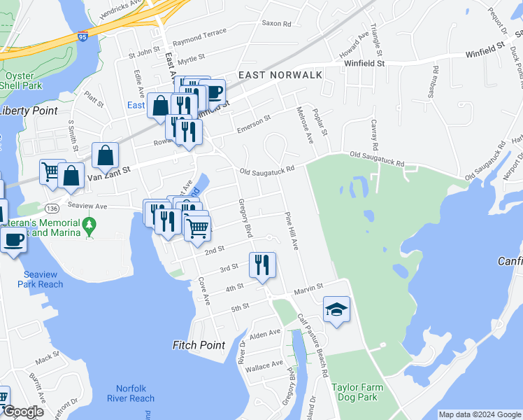 map of restaurants, bars, coffee shops, grocery stores, and more near 16 Lorena Street in Norwalk