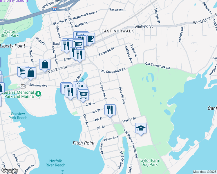 map of restaurants, bars, coffee shops, grocery stores, and more near 16 Lorena Street in Norwalk