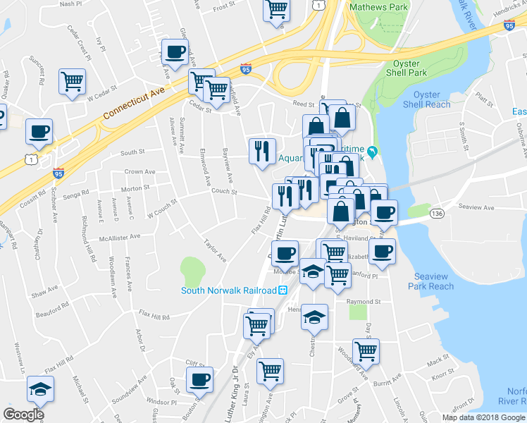 map of restaurants, bars, coffee shops, grocery stores, and more near in Norwalk