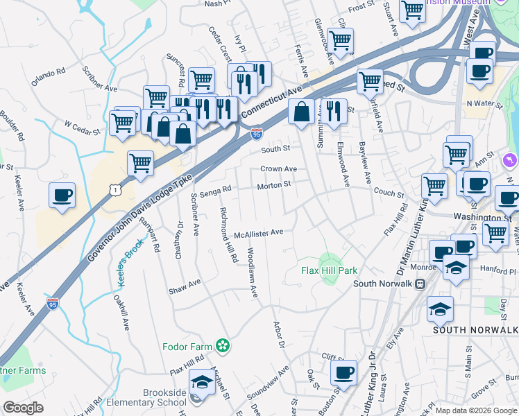 map of restaurants, bars, coffee shops, grocery stores, and more near 14 Avenue D in Norwalk