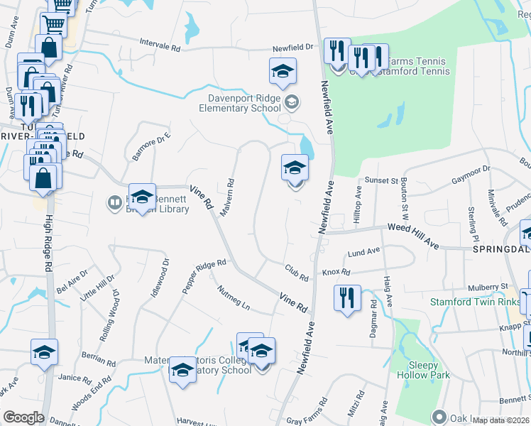 map of restaurants, bars, coffee shops, grocery stores, and more near 165 Club Road in Stamford