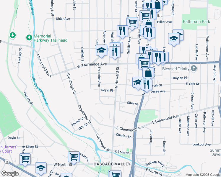 map of restaurants, bars, coffee shops, grocery stores, and more near 3 West York Street in Akron