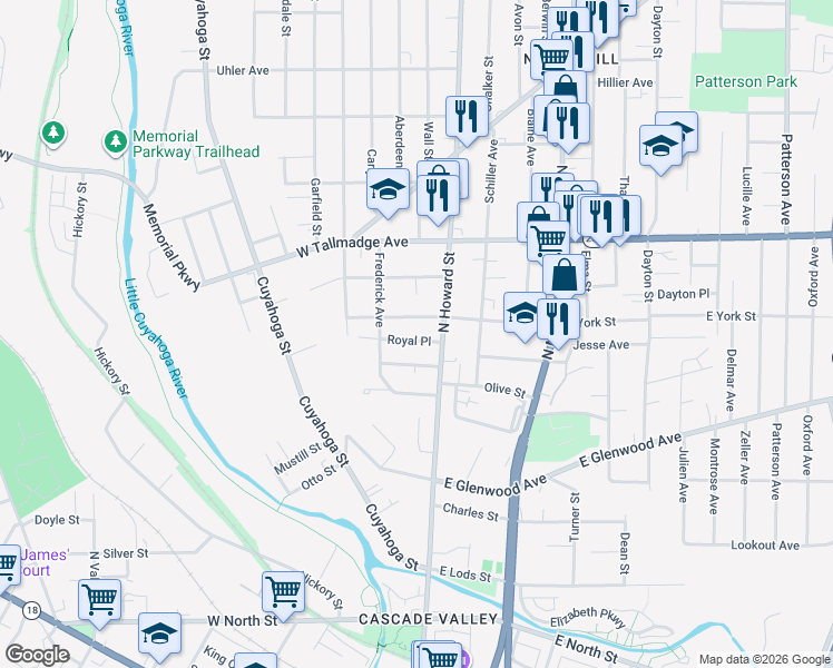 map of restaurants, bars, coffee shops, grocery stores, and more near 3 West York Street in Akron