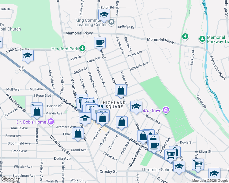 map of restaurants, bars, coffee shops, grocery stores, and more near 283 Merriman Road in Akron