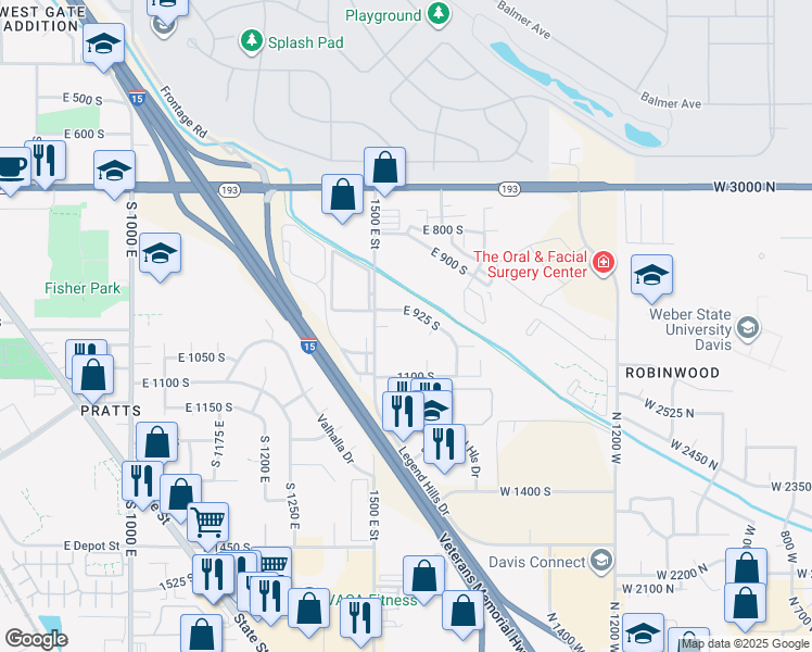 map of restaurants, bars, coffee shops, grocery stores, and more near 1542 East 925 South in Clearfield