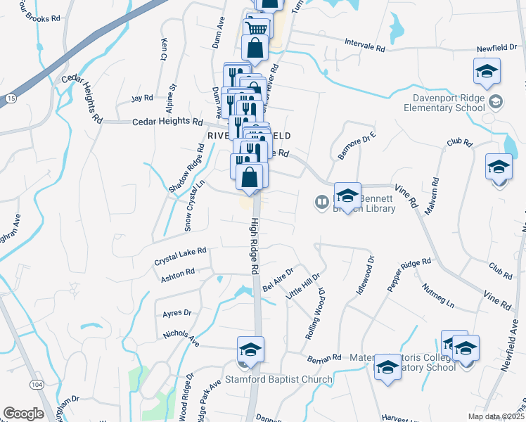 map of restaurants, bars, coffee shops, grocery stores, and more near 825 High Ridge Road in Stamford