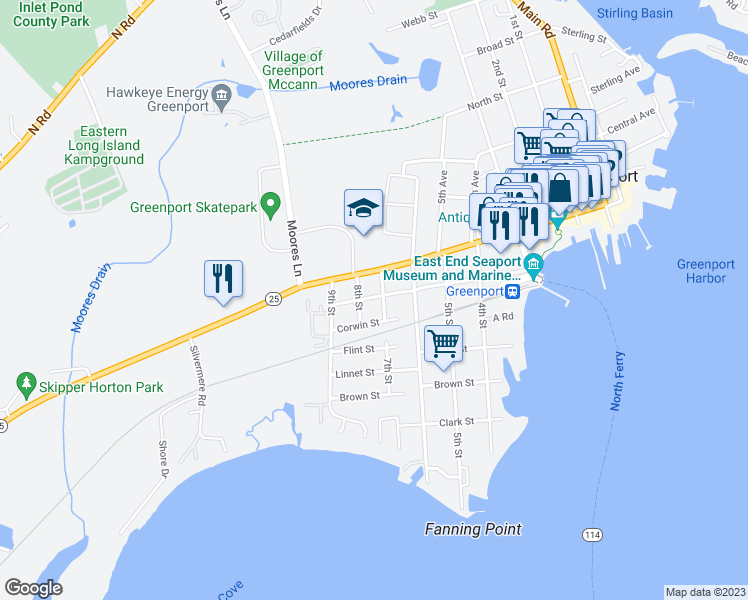 map of restaurants, bars, coffee shops, grocery stores, and more near 705 Wiggins Street in Greenport