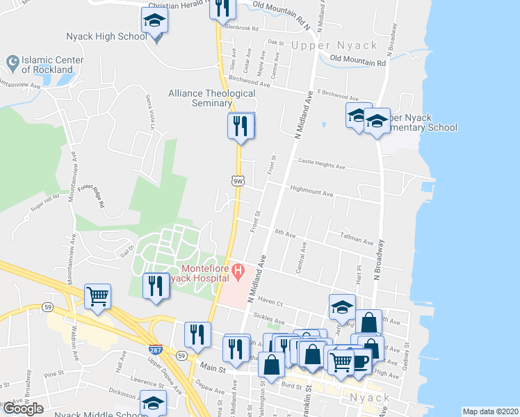 map of restaurants, bars, coffee shops, grocery stores, and more near 99 Front Street in Nyack