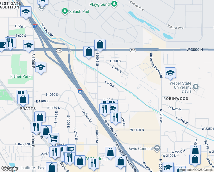 map of restaurants, bars, coffee shops, grocery stores, and more near 1548 East 925 South in Clearfield