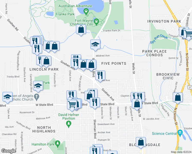 map of restaurants, bars, coffee shops, grocery stores, and more near 2632 Sherman Boulevard in Fort Wayne