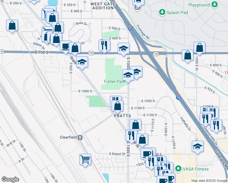 map of restaurants, bars, coffee shops, grocery stores, and more near 897 East 1000 South in Clearfield