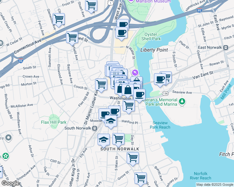 map of restaurants, bars, coffee shops, grocery stores, and more near 44 North Main Street in Norwalk
