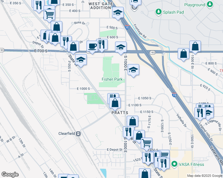 map of restaurants, bars, coffee shops, grocery stores, and more near 897 East 1000 South in Clearfield