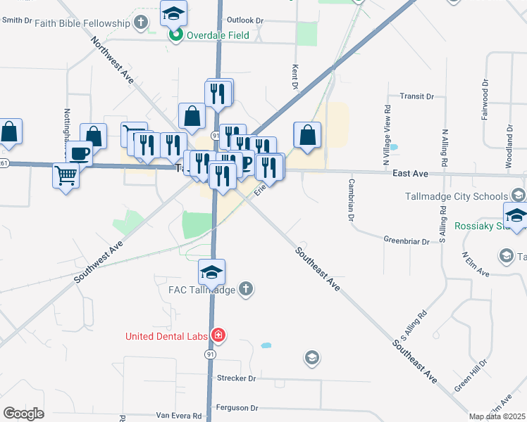 map of restaurants, bars, coffee shops, grocery stores, and more near 73 Southeast Avenue in Tallmadge