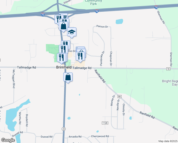 map of restaurants, bars, coffee shops, grocery stores, and more near 1448 Tallmadge Road in Kent