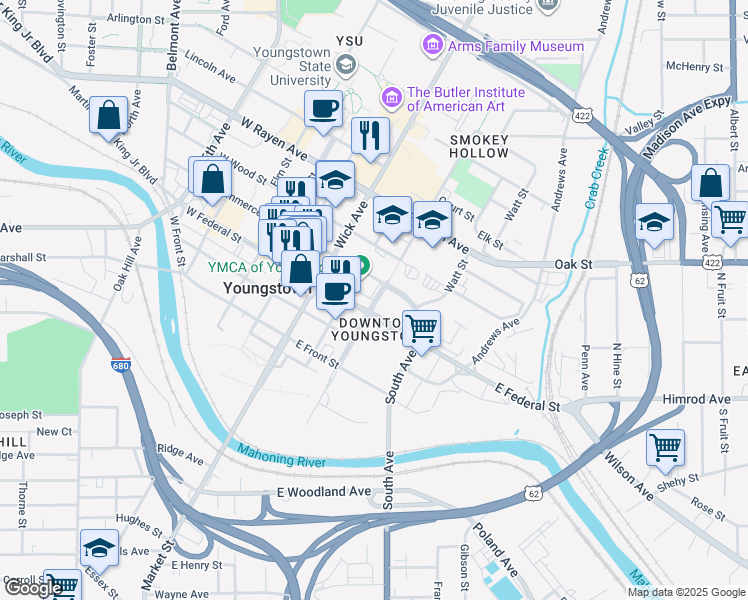 map of restaurants, bars, coffee shops, grocery stores, and more near 100 East Federal Street in Youngstown