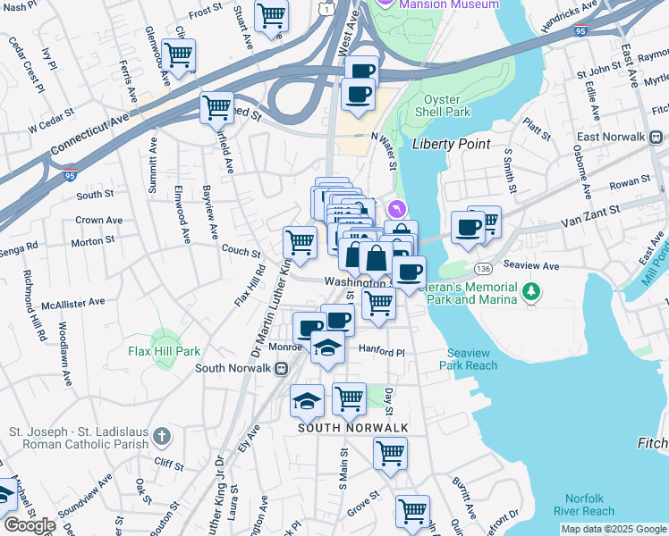 map of restaurants, bars, coffee shops, grocery stores, and more near 44 North Main Street in Norwalk
