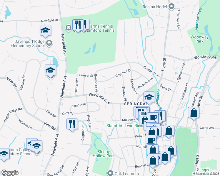 map of restaurants, bars, coffee shops, grocery stores, and more near 61 Muriel Drive in Stamford