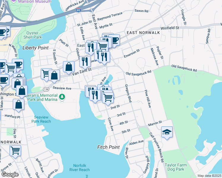 map of restaurants, bars, coffee shops, grocery stores, and more near 9 Branford Street in Norwalk