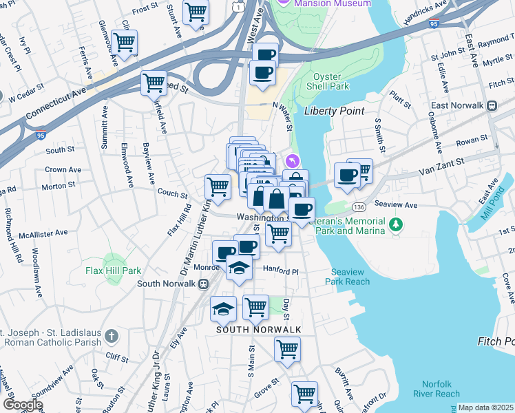 map of restaurants, bars, coffee shops, grocery stores, and more near 44 North Main Street in Norwalk
