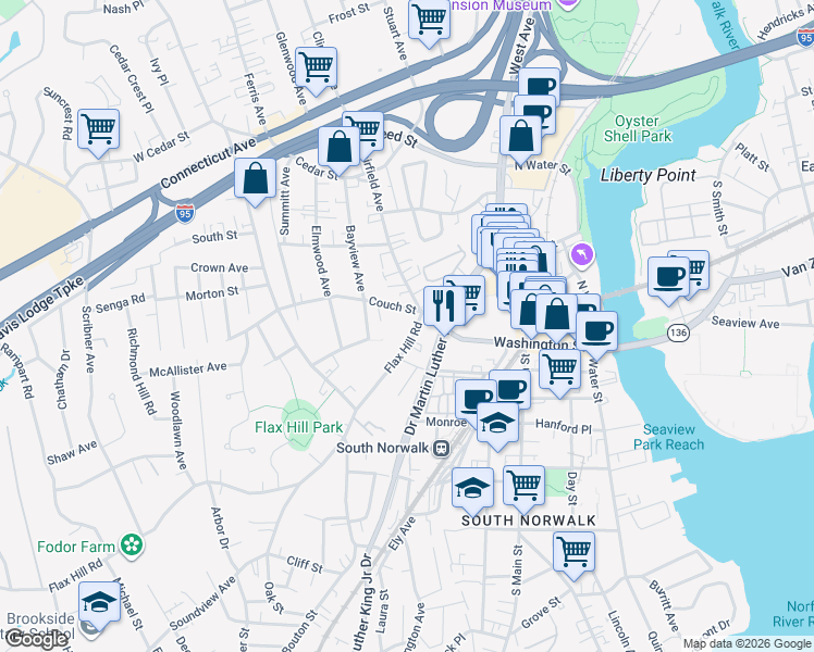 map of restaurants, bars, coffee shops, grocery stores, and more near in Norwalk