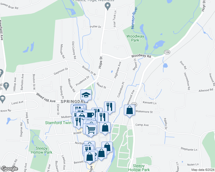 map of restaurants, bars, coffee shops, grocery stores, and more near 39 Bouton Street East in Stamford