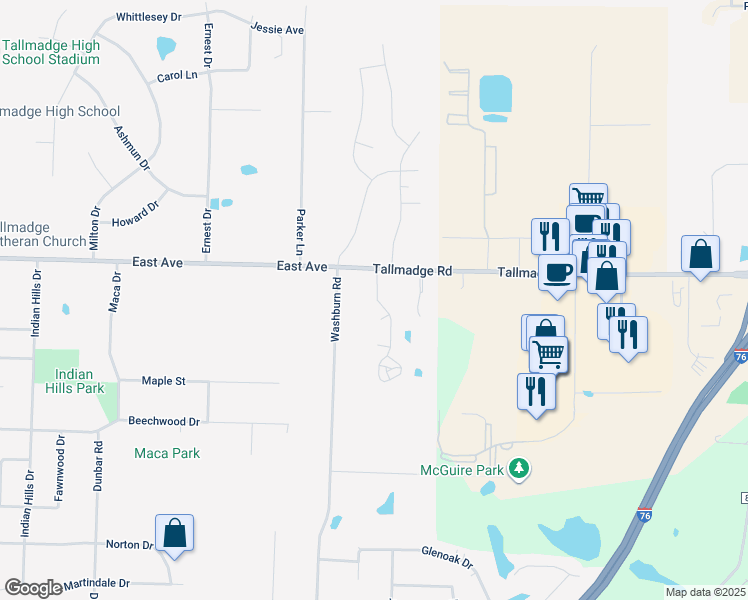 map of restaurants, bars, coffee shops, grocery stores, and more near 1216 East Avenue in Tallmadge