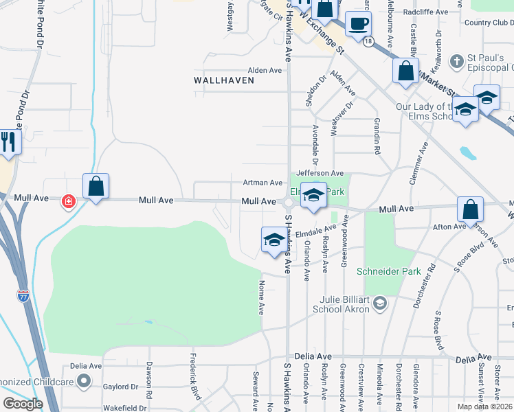 map of restaurants, bars, coffee shops, grocery stores, and more near 611 Mull Avenue in Akron