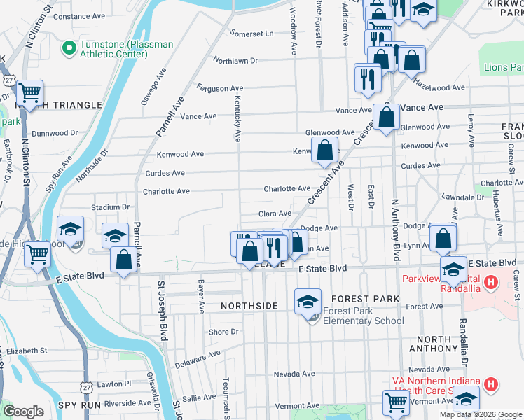 map of restaurants, bars, coffee shops, grocery stores, and more near 1102 Charlotte Avenue in Fort Wayne