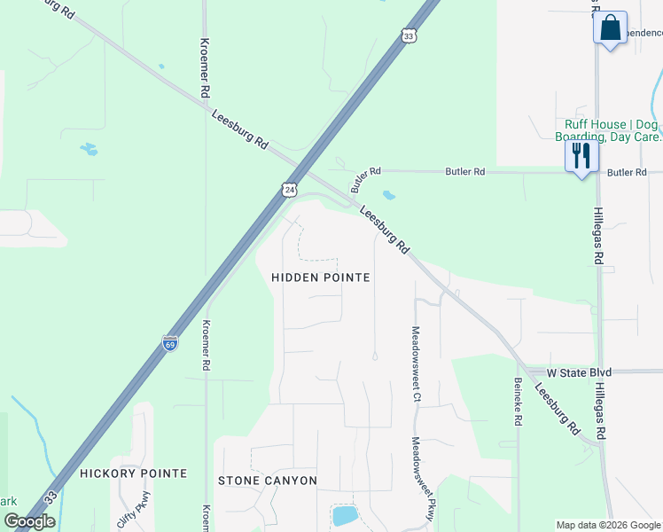 map of restaurants, bars, coffee shops, grocery stores, and more near 4814 Pocono Crossing in Fort Wayne