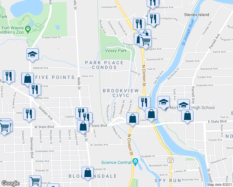 map of restaurants, bars, coffee shops, grocery stores, and more near 2527 Westbrook Drive in Fort Wayne