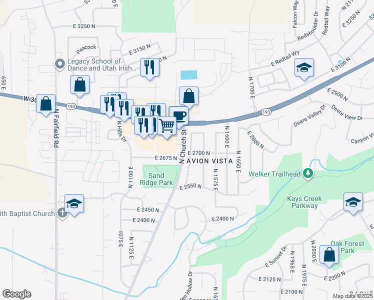 map of restaurants, bars, coffee shops, grocery stores, and more near 1447 East 2700 North in Layton