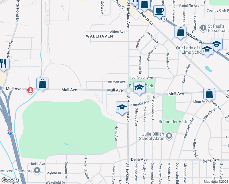 map of restaurants, bars, coffee shops, grocery stores, and more near 611 Mull Avenue in Akron