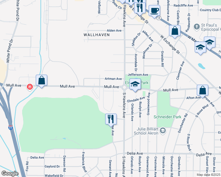 map of restaurants, bars, coffee shops, grocery stores, and more near 611 Mull Avenue in Akron