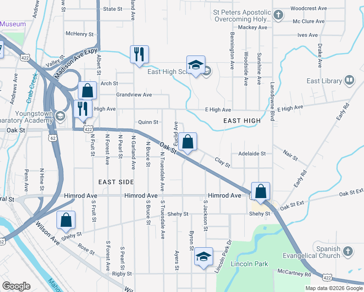 map of restaurants, bars, coffee shops, grocery stores, and more near 1426 Clay Street in Youngstown