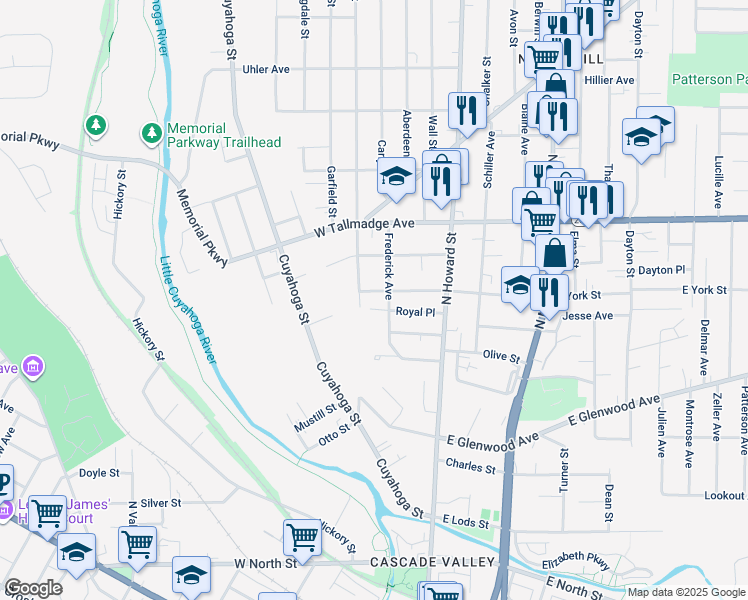 map of restaurants, bars, coffee shops, grocery stores, and more near 78 West York Street in Akron