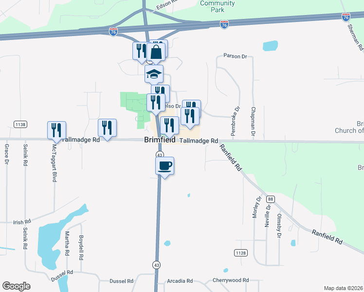 map of restaurants, bars, coffee shops, grocery stores, and more near 1343 Tallmadge Road in Kent