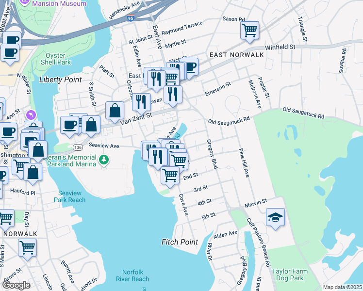 map of restaurants, bars, coffee shops, grocery stores, and more near 277 East Avenue in Norwalk