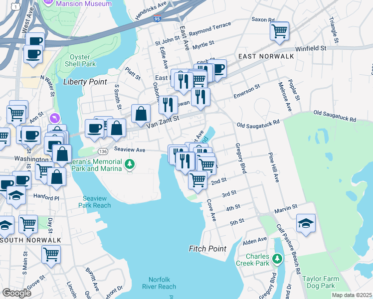 map of restaurants, bars, coffee shops, grocery stores, and more near 5 Goodrow Street in Norwalk